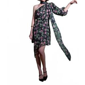 NEW STRASS short slik flower one shoulder dress in black multi